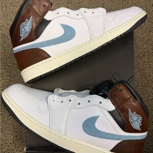 Jordan 1 Mid SE Brown Blue Grey Men's White and Brown Sneakers with Blue Accents